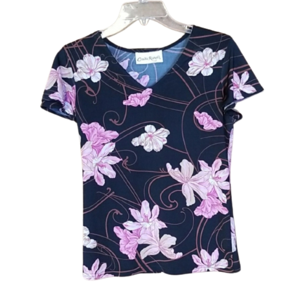 Claudia Richard Black Short Sleeve Floral Top